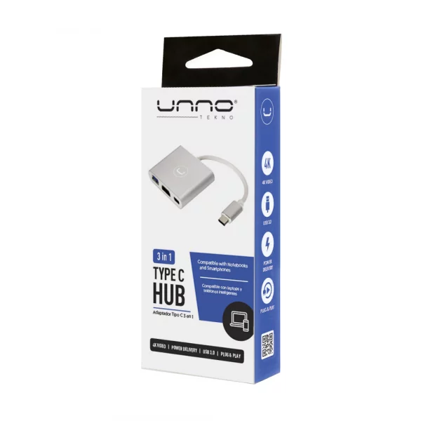 Unno Tekno HB1101SV 3 in 1 Type C Hub | 4K Video, Power Delivery, USB 3.0, Plug & Play