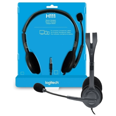 Logitech H111 Wired Stereo Headset | 3.5mm, For computers, smartphones, tablet, chromebooks, Stereo sound, Rotating microphone, Adjustable headband