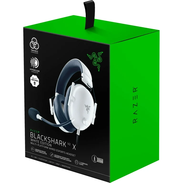 Razer BlackShark V2 X Multi-Platform Wired E-Sports Headset | Discord Certified, 7.1 Surround Sound, Razer TriForce 50mm drivers, Razer Hyperclear Cardioid mic, Advanced passive noise cancellation, Lightweight design with memory foam ear cushions, White