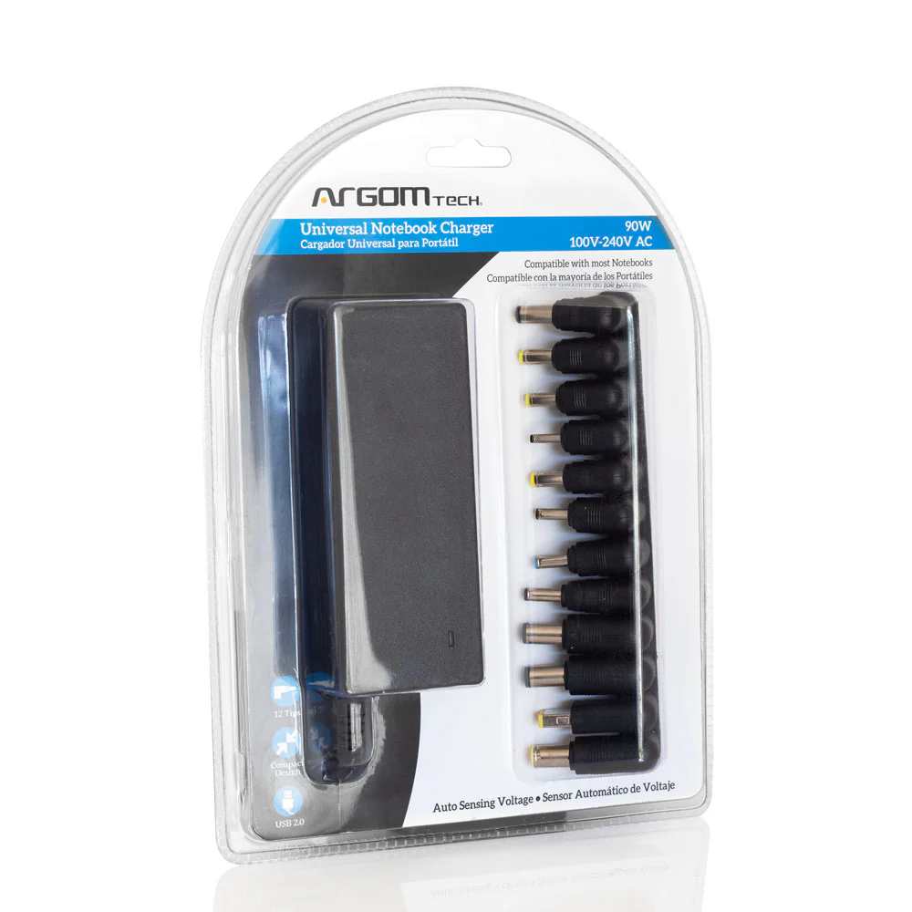 ArgomTech ARG-AC-0097 Universal 90W Notebook Charger | 12 Tips, USB 3.0, Compact Design, 100V-240V, Auto-Sensing