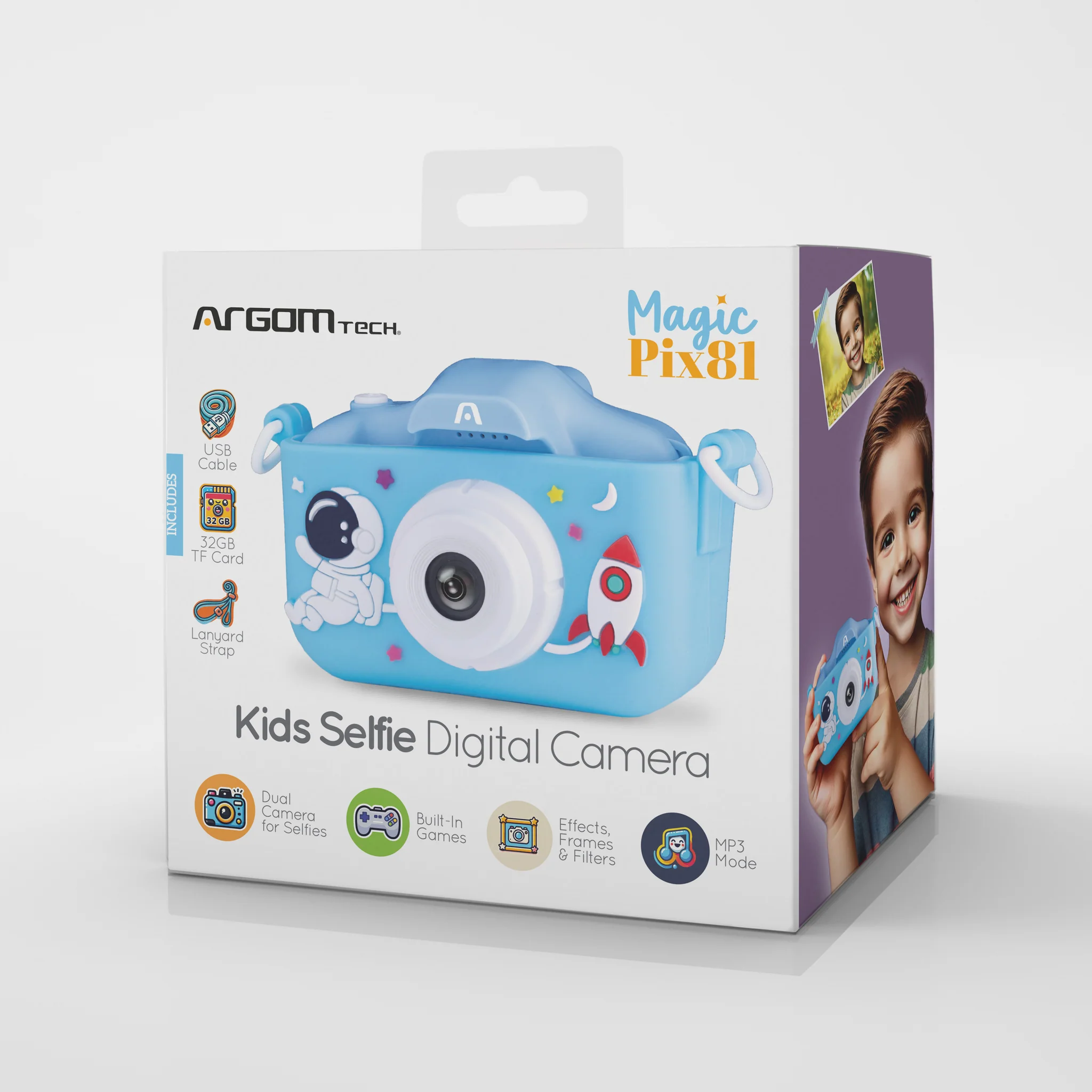 ArgomTech Magic Pix81 Kids Selfie Digital Camera | USB-C Cable, 32GB TF Card, Lanyard Strap, Dual Lens, Protective Silicone Case