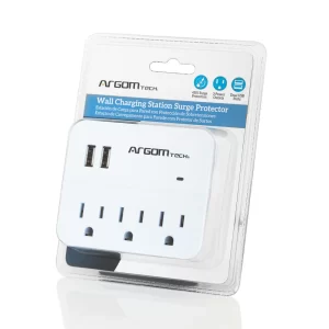 ArgomTech ARG-AC-0266WT Wall Charging Station Surge Protector | 450J Surge Protection, 3 Power Outlets, Dual USB Ports, White