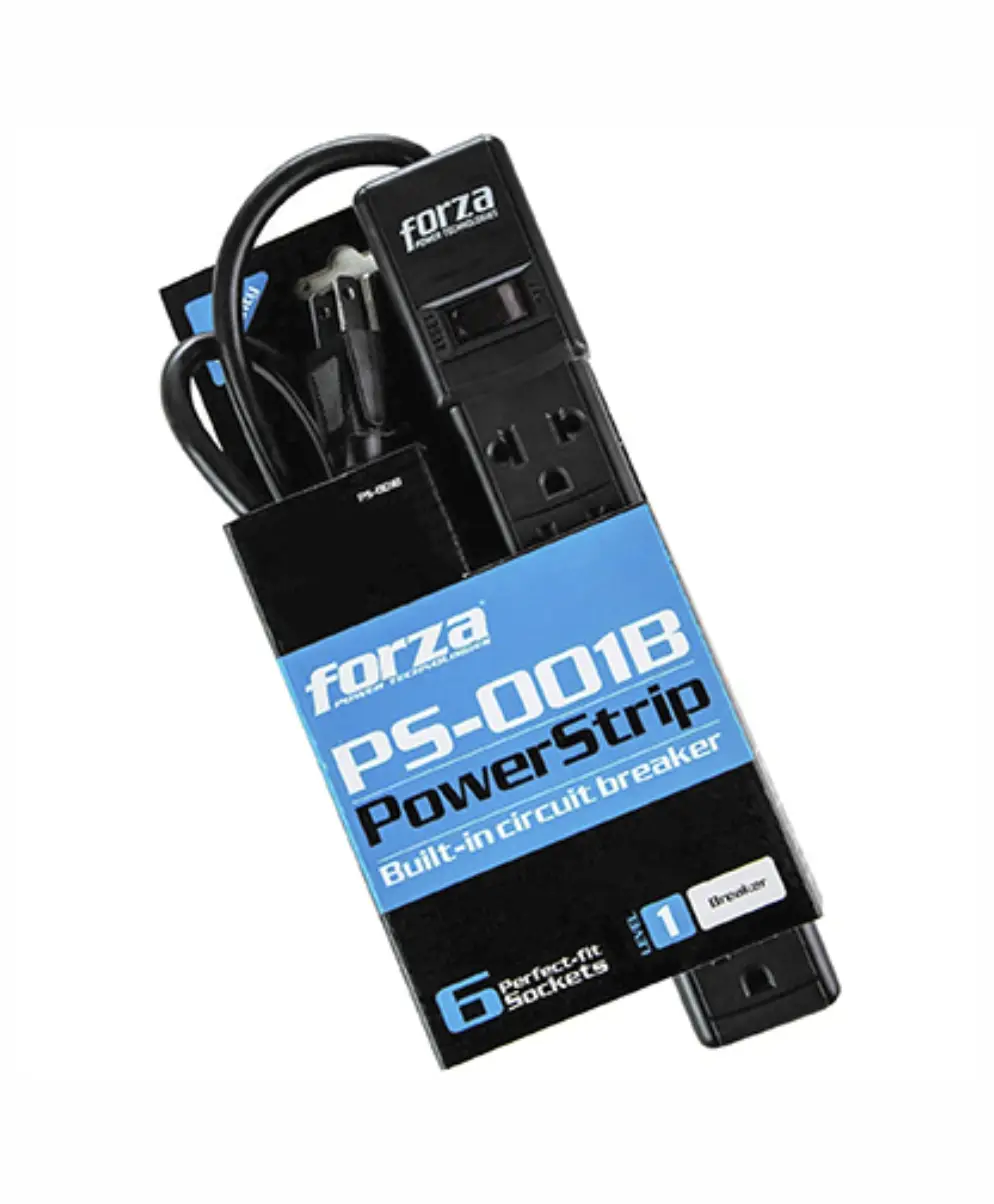 Forza PS-001B 6 Outlet Power Strip | 6 Perfect-fit sockets, 110V/220V, Level 1 Breaker, Built in circuit breaker, 3ft cable, Black