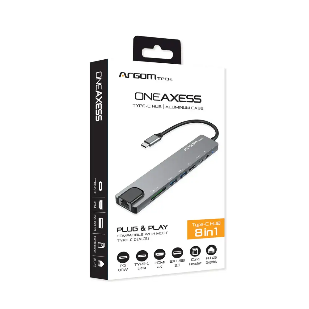 ArgomTech ARG-UB-0093 One Axess 8 in 1 Type C Hub | 4K HDMI, USB 3.0, RJ 45, Type C, Power Delivery & SD Card, Plug & Play - Image 2