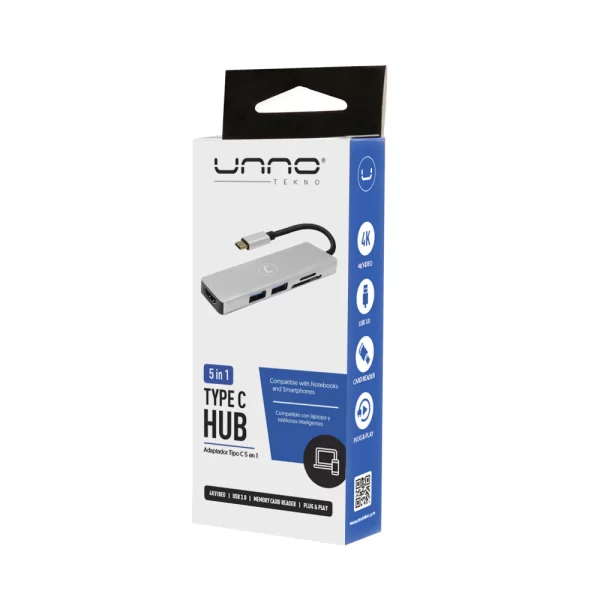 Unno Tekno HB1104SV 5 in 1 Type C Hub | 4K HDMI, USB 3.0, SD & Micro SD Card, Plug & Play