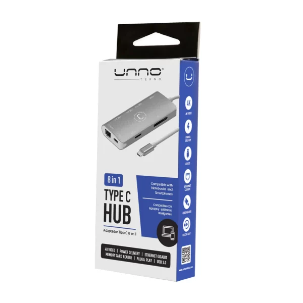 Unno Tekno HB1108SV 8 in 1 Type C Hub | 4K HDMI, RJ 45, Power Delivery, USB 3.0, SD & Micro SD Card, Plug & Play