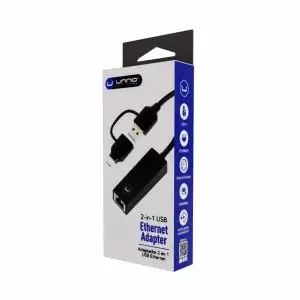 Unno Tekno AD3007BK 2 in 1 USB Ethernet Adapter | USB-C and USB-A male connectors, Plug & Play