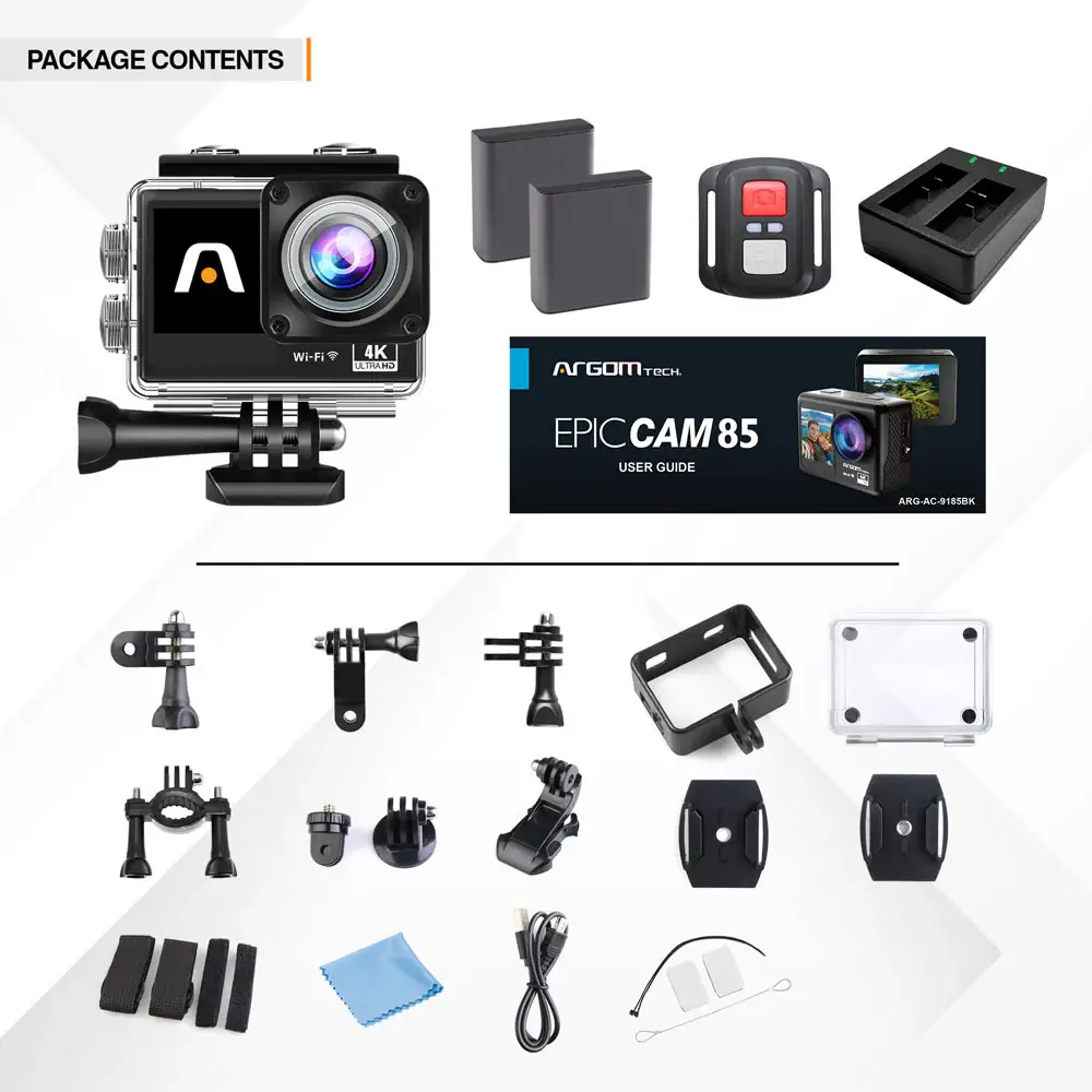 ArgomTech ARG-AC-9185BK Action Epic Cam 85 Camera | 4K/30FPS video, 20MP Photo, 160 degree super wide angle, IP68 Waterproof Casing - Image 2