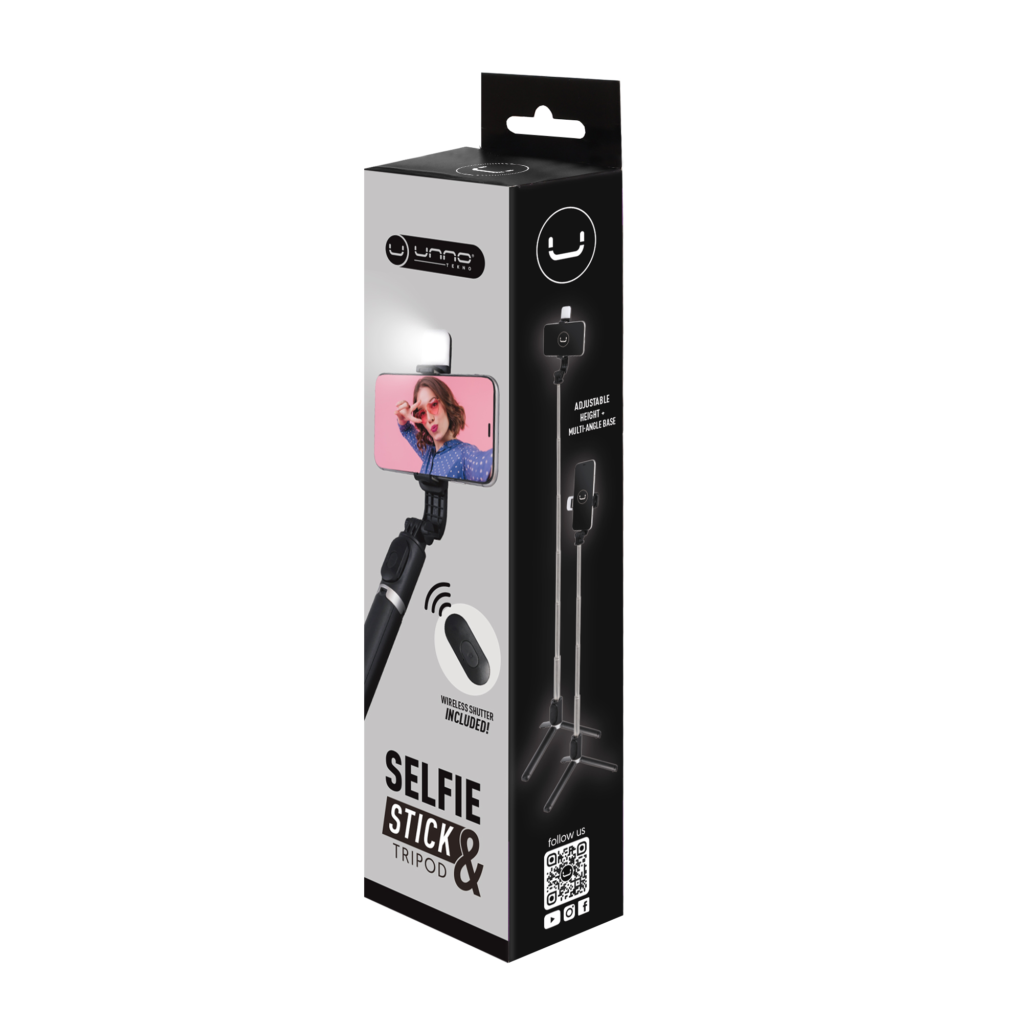 Unno Tekno PH1804BK Selfie Stick & Tripod Stand | Selfie Stick, Tripod, Wireless shutter, 360 degree, LED Light - Image 2