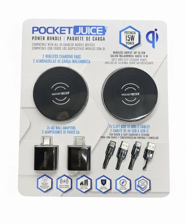 Pocket Juice Power Bundle Wireless Charger | 2 Wireless charging pads, 2 AC Wall adapters, 2 USB C to C Cables, 2 USB A Cables