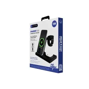 Unno Tekno PW5119BK Charge Pro Charging Station | 3 in 1 Fast Wireless Charging Station, 15W, Foldable