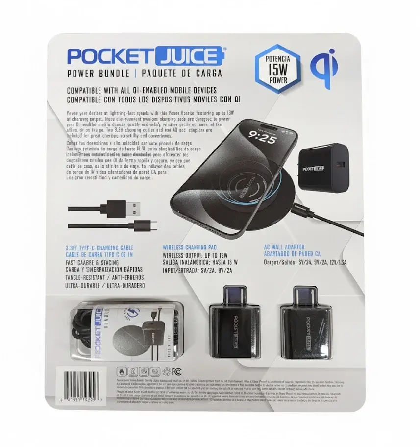 Pocket Juice Power Bundle Wireless Charger | 2 Wireless charging pads, 2 AC Wall adapters, 2 USB C to C Cables, 2 USB A Cables - Image 2